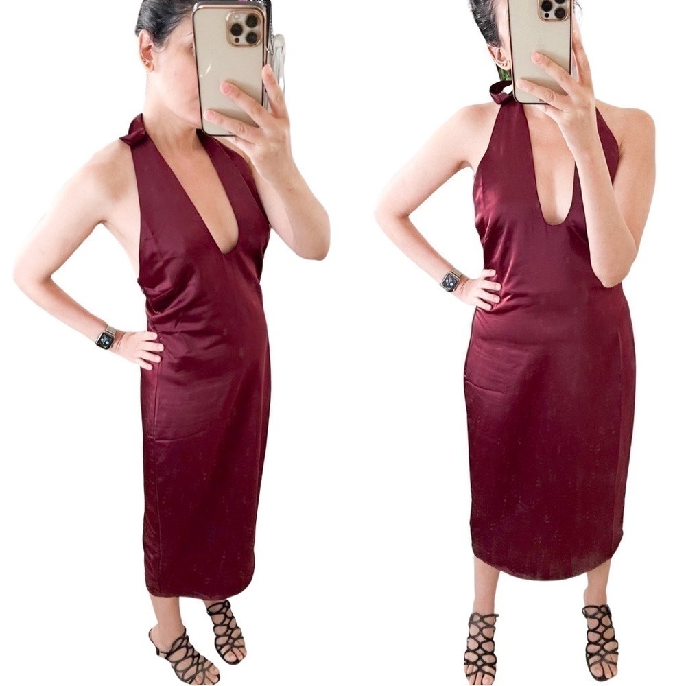 NWT JASON WU Satin Halter Neck Slip Midi Sheath Dress Burgundy Medium